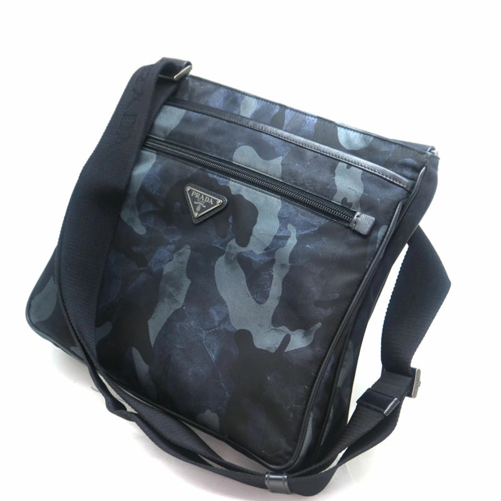 PRADA Shoulder Bag Black Blue Camouflage Canvas Leather